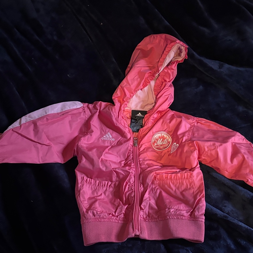 adidas Pink Hooded Kids Windbreaker with Mets Patch